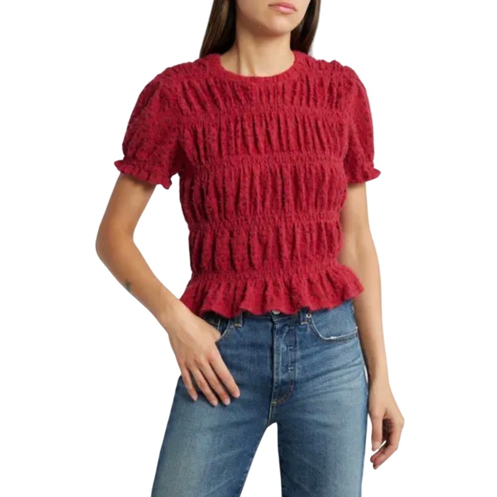 Treasure‎ & Bond Red Lace Smocked Ruffle Sleeve Top Women's Size L